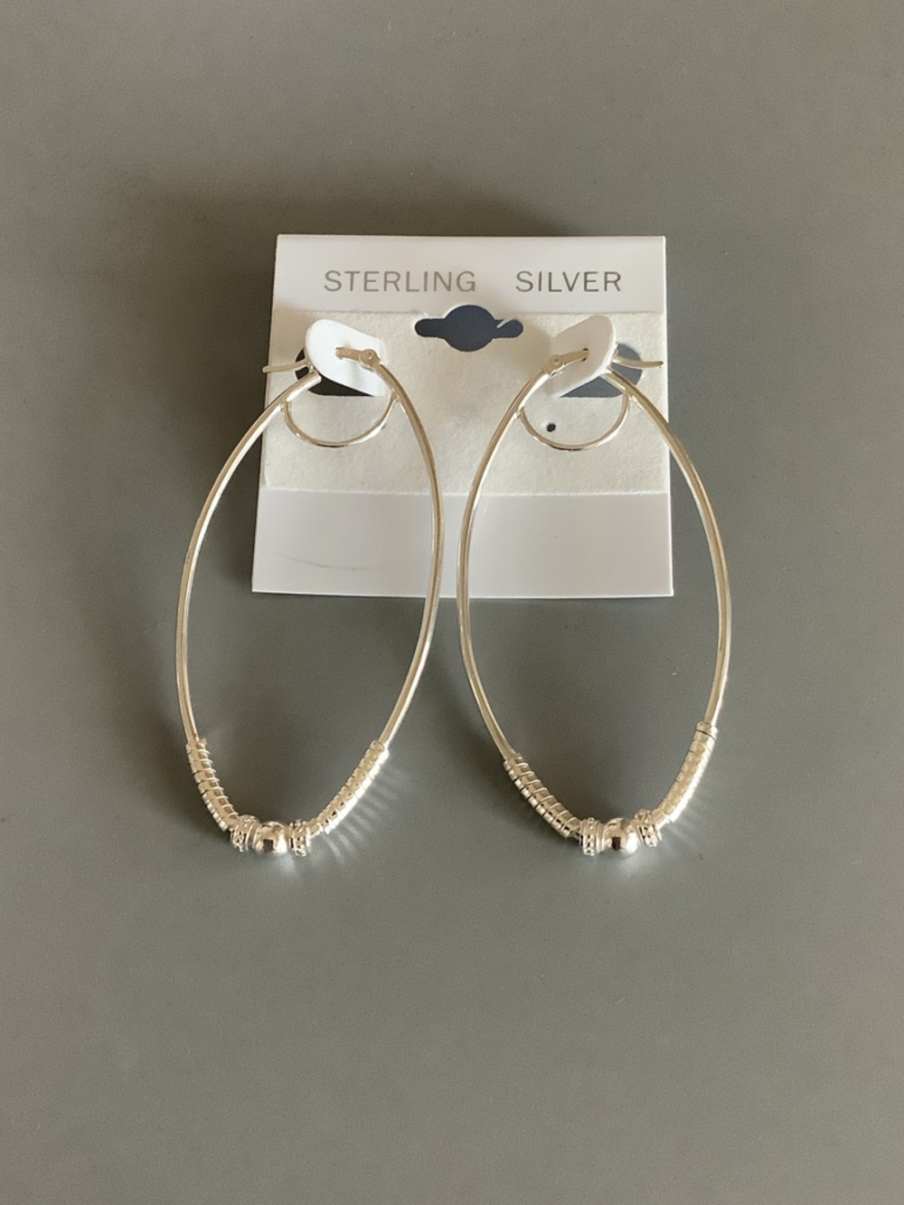 Sterling Silver Beaded Oval long Hoop Earrings - Silver